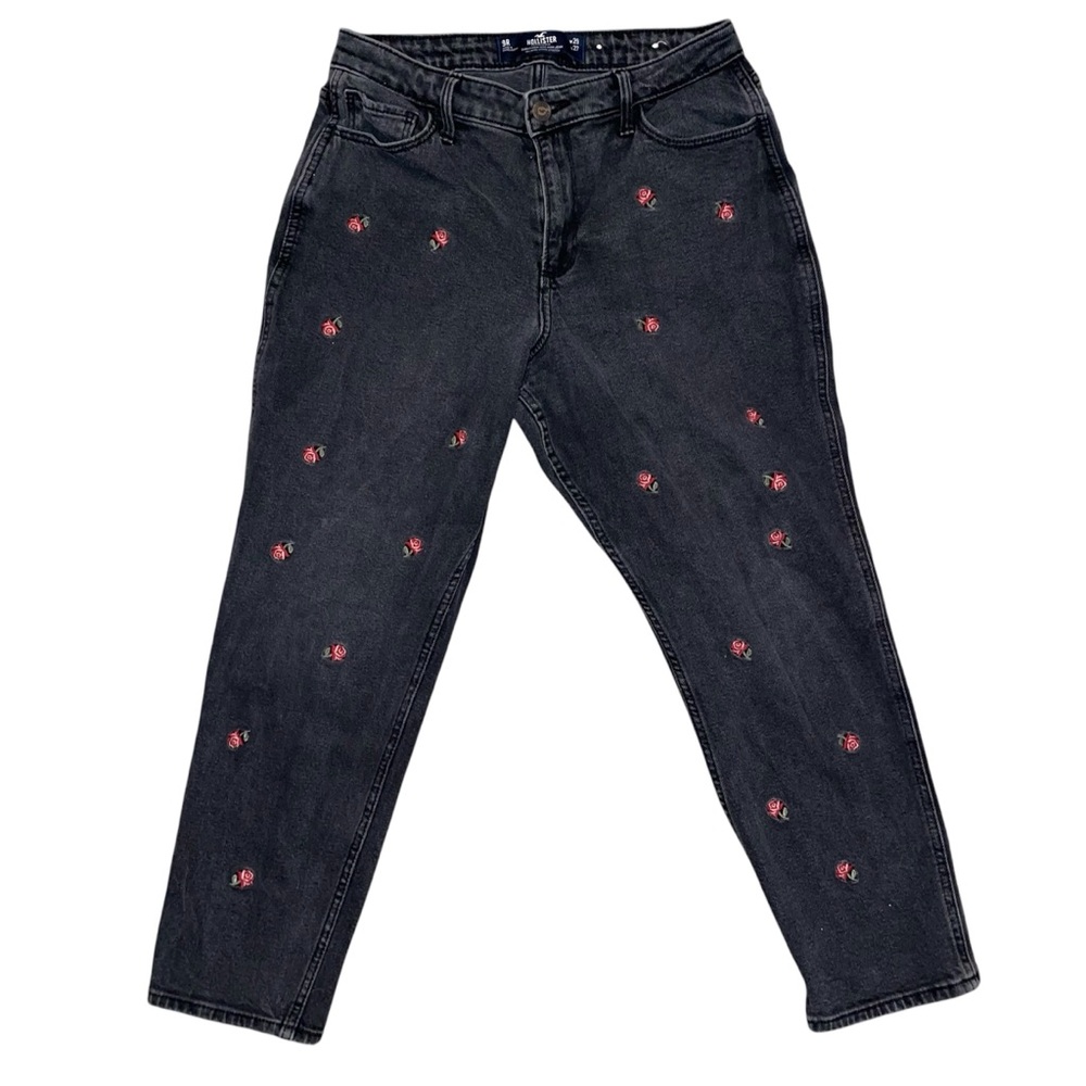 Rose Embroidered Curvy High Rise Black Mom Jean Hollister Size 9R W29 L27